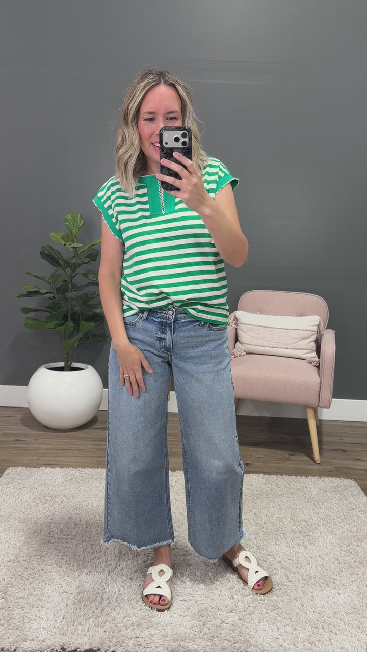 NEW! Carmine Striped Split Neck Top - Green