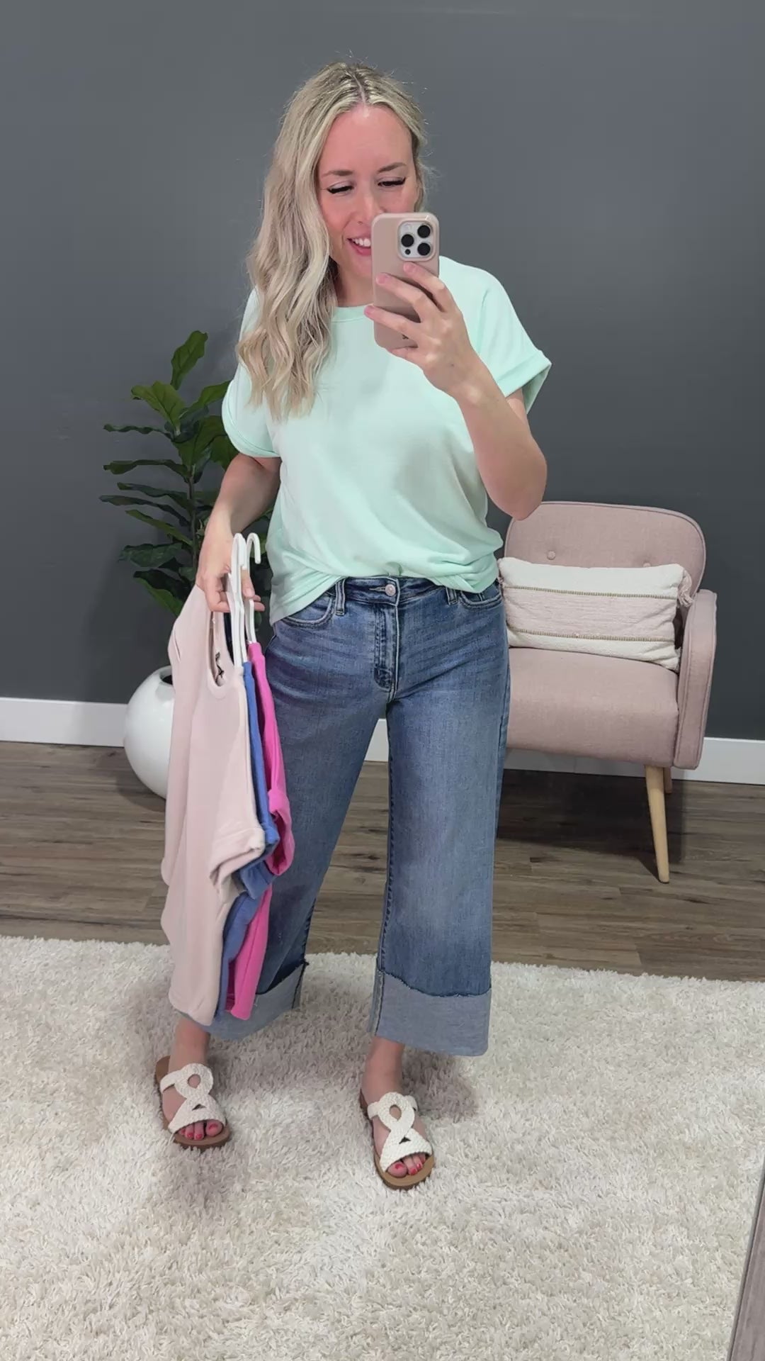 Melissa Roll Sleeve Top - Mint Staccato