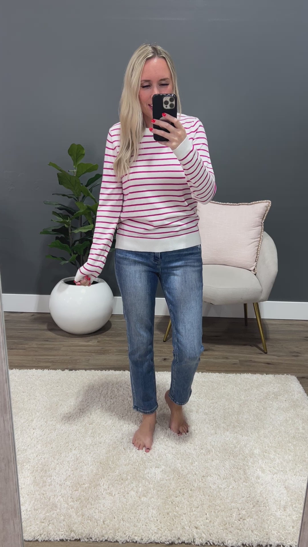 Camila Striped Crewneck Sweater - Hot Pink