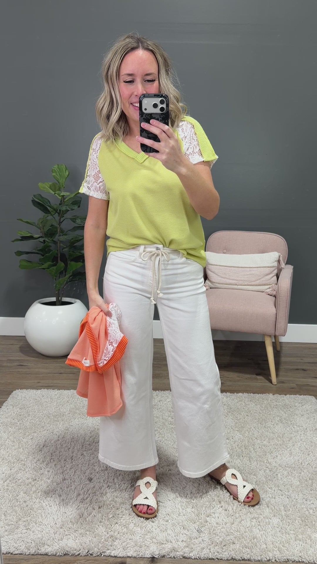 Angelica V Neck Waffle & Lace Top - Coral Lovely Melody