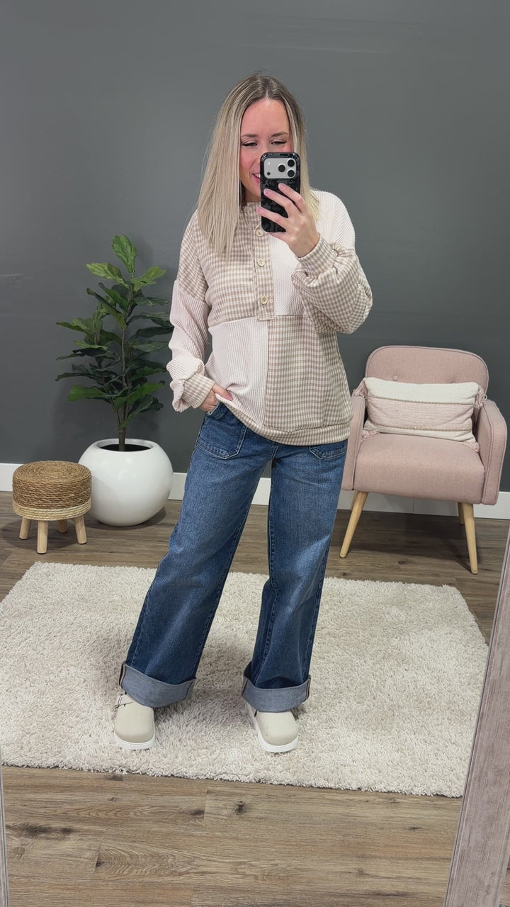 Cassie Mixed Fabric Henley Top - Taupe Lovely Melody