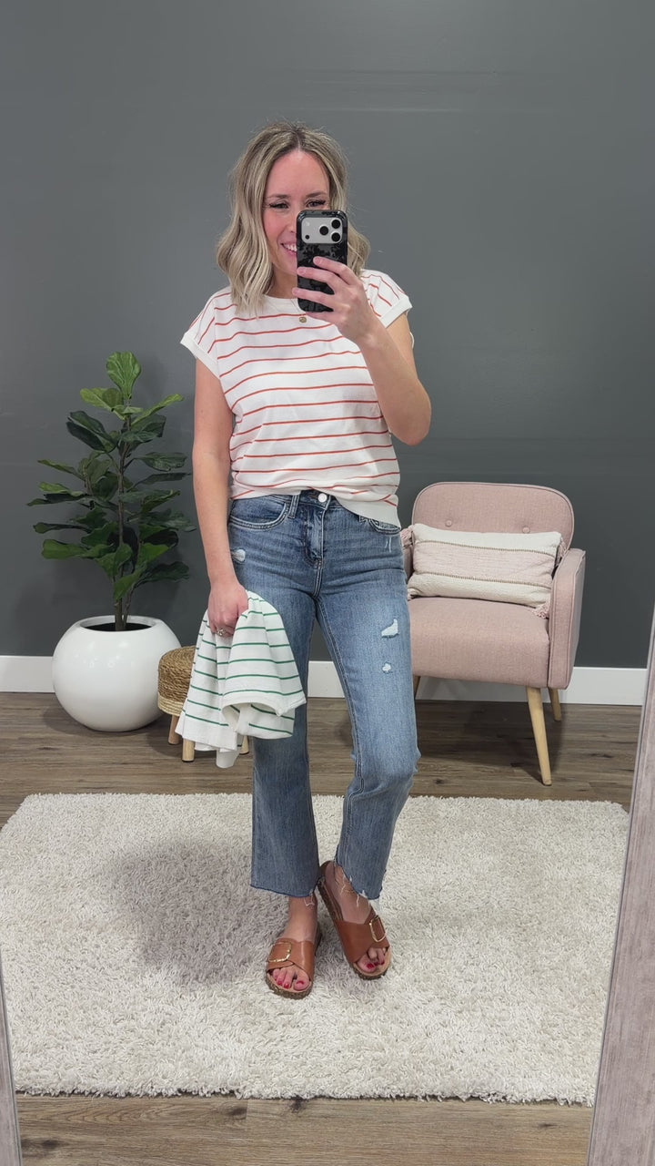 NEW! Allie Striped Short Sleeve Sweater - Ivory & Rust Staccato