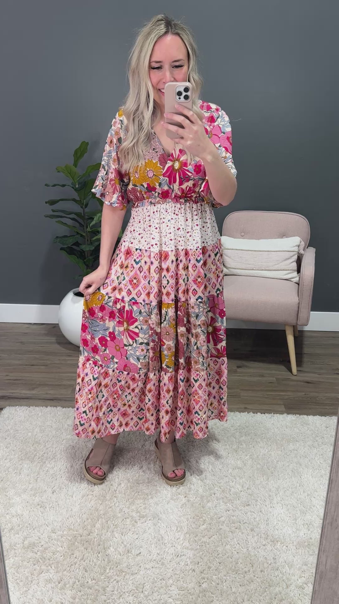 Alyssa Mixed Pattern Floral Midi Dress - Rose Bibi