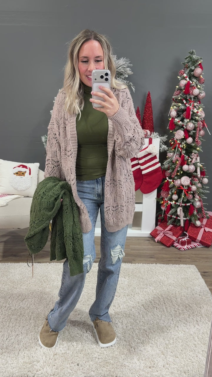 NEW! Roselin Pointelle Open Cardigan - Taupe