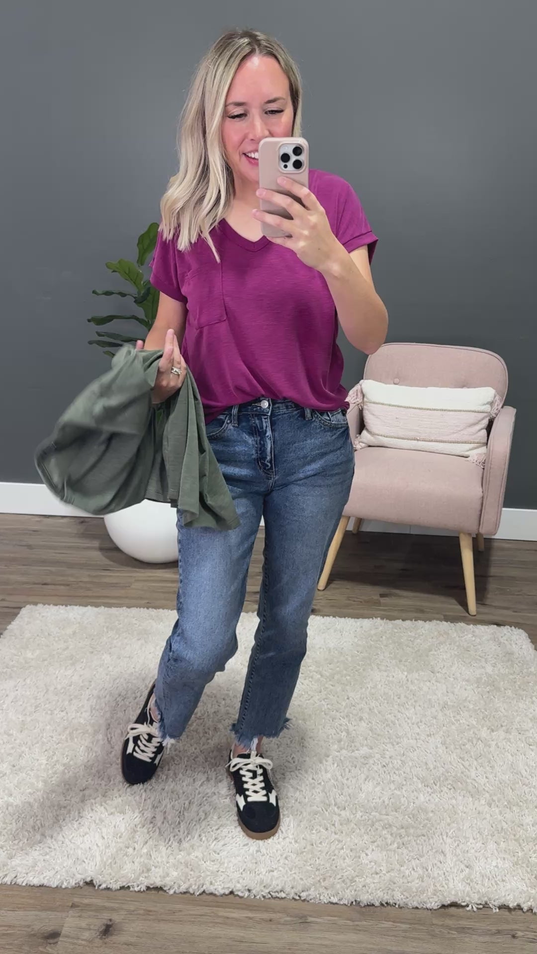 NEW! The Effortless V Neck Pocket Top - Magenta Staccato