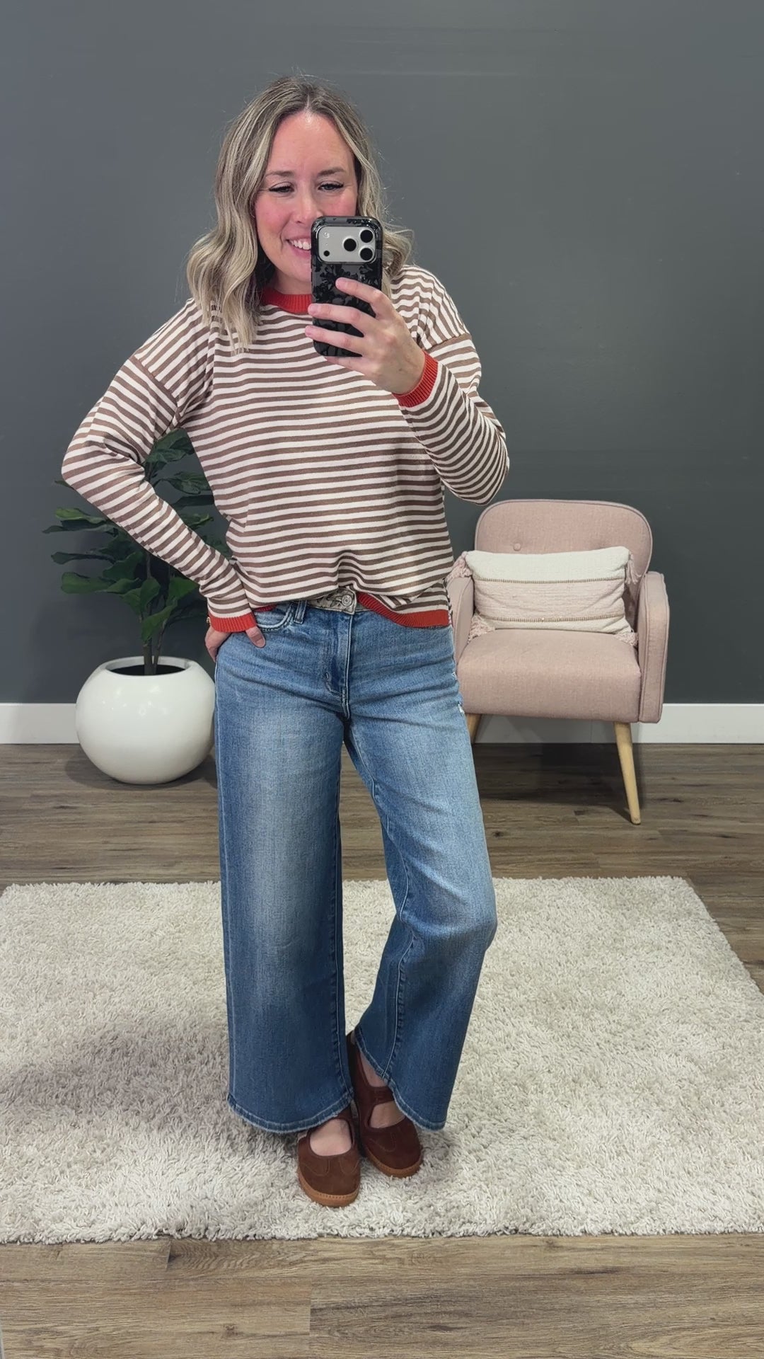 NEW! Kathryn Mocha Striped Side Slit Sweater - Orange
