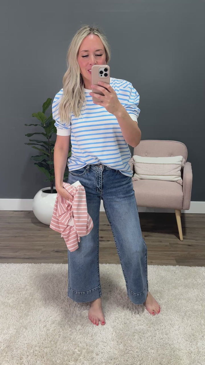 Hillary Striped Puff Sleeve Top - Light Blue Lovely Melody