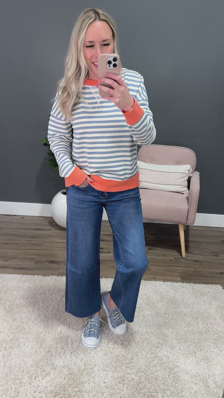 Kaylee Dusty Blue Striped Top - Coral Staccato