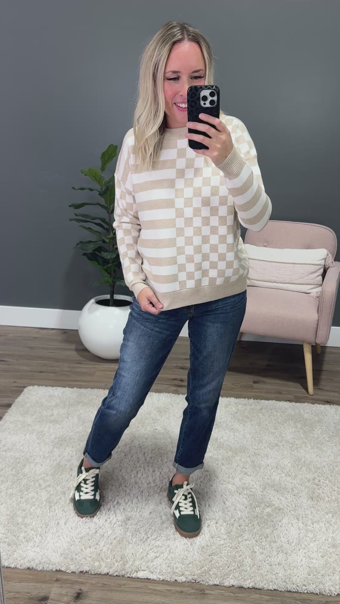 NEW! Ashley Checkered and Striped Sweater - Taupe Staccato