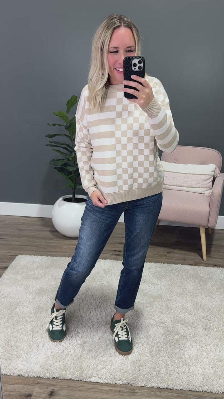 NEW! Ashley Checkered and Striped Sweater - Taupe Staccato