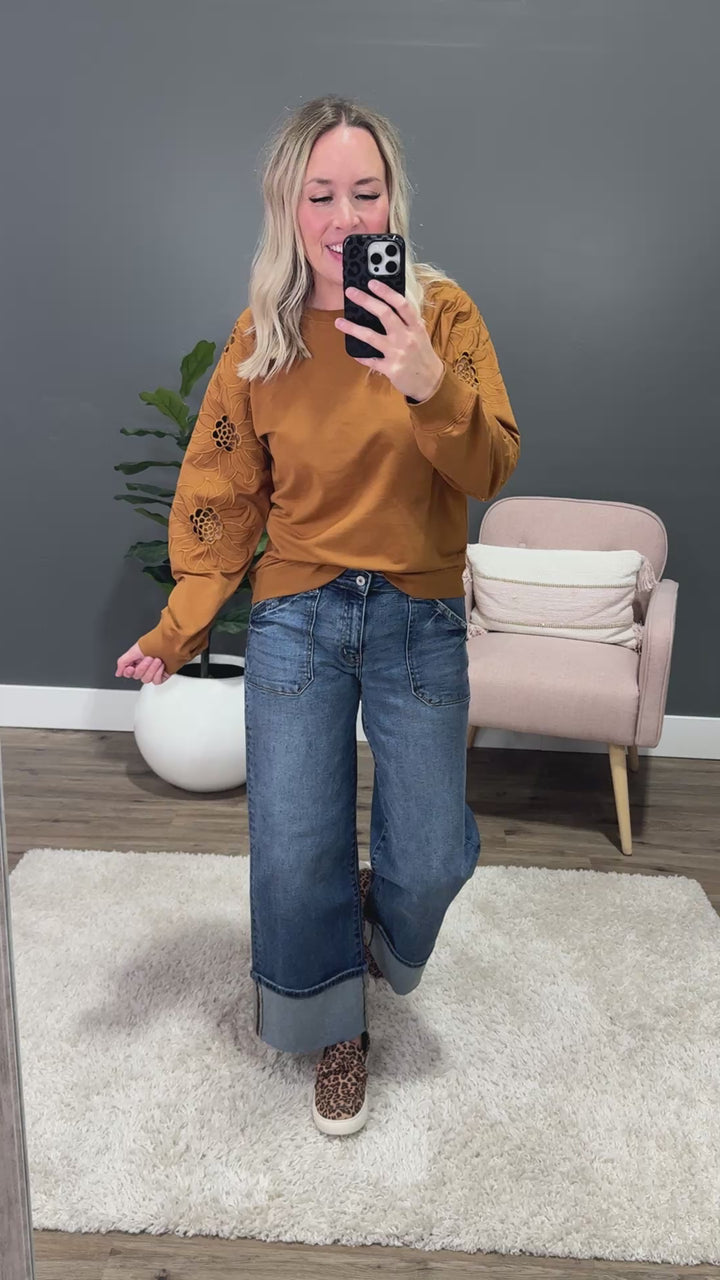 NEW! Iris Floral Embroidered Sleeve Top - Butterscotch PS Kate