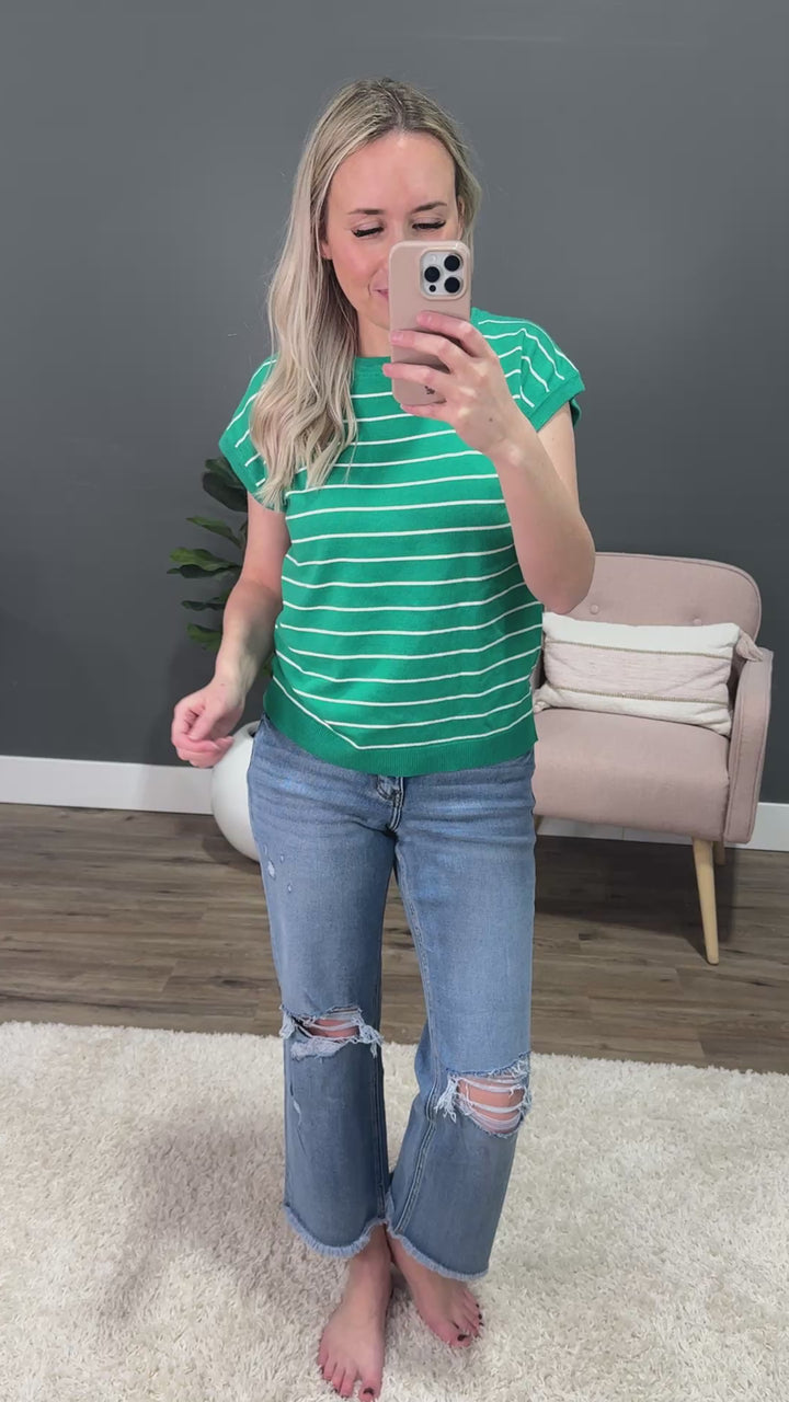 NEW! Allie Striped Short Sleeve Sweater - Emerald Staccato