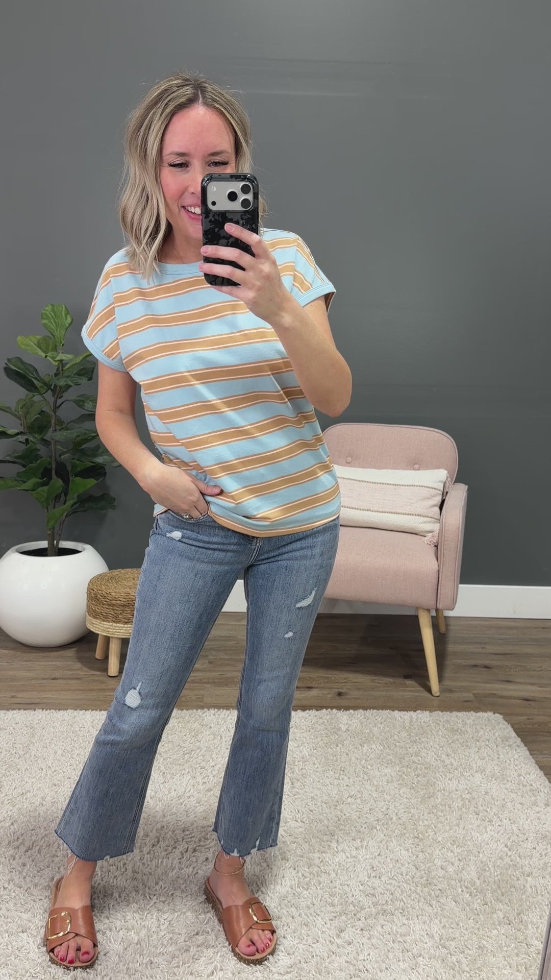 NEW! Kelly Striped Drop Shoulder Top - Blue & Taupe Staccato