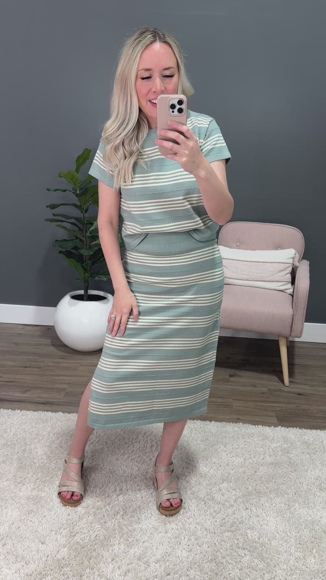 Striped Sweater Top and Skirt Set - Dark Sage & Cream Wishlist