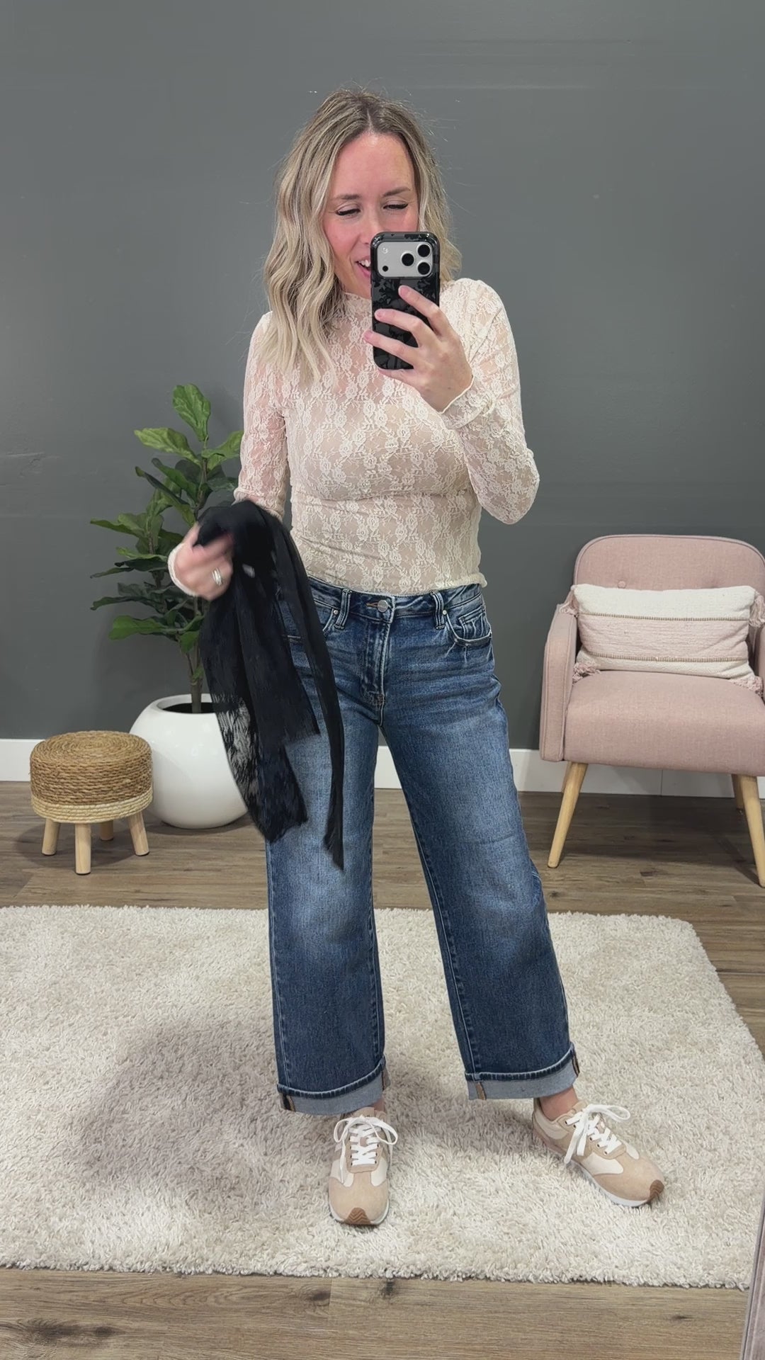 NEW! Aubrey Long Sleeve Lace Top - Black Stripe Very J