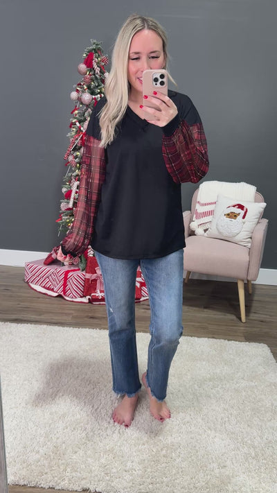 Black V Neck Top With Sheer Plaid Sleeves FINAL SALE Heimish