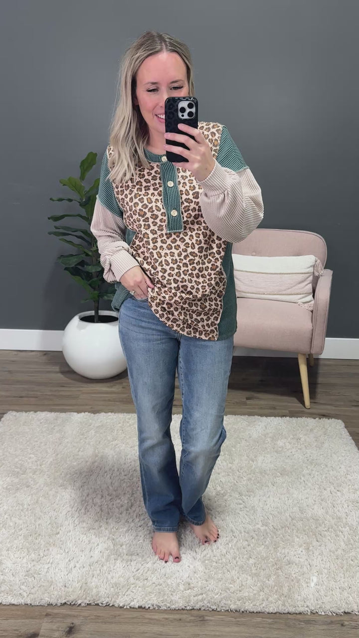 NEW! Angelique Mixed Corded Fabric Henley Top - Moss & Taupe Lovely Melody