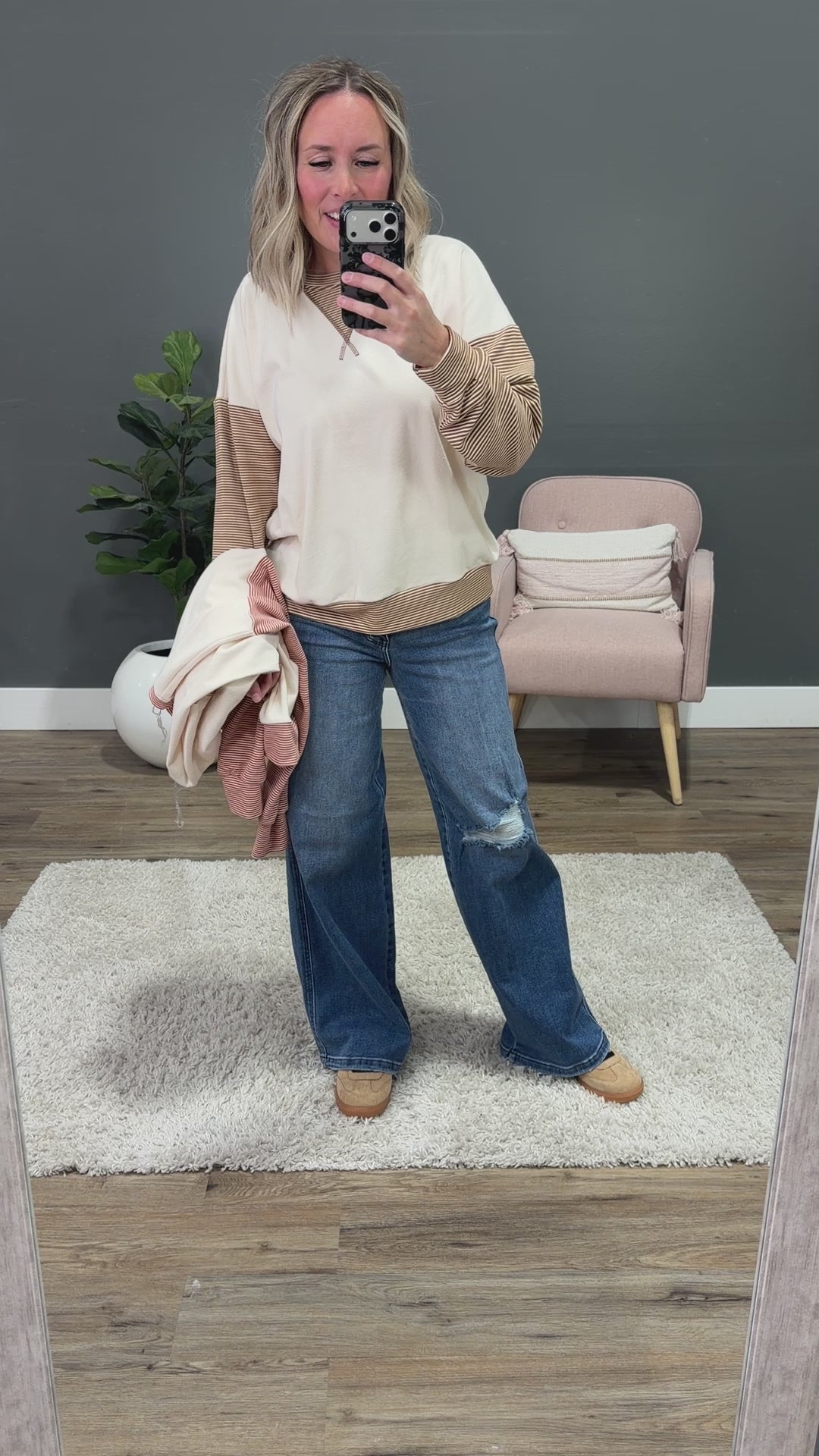 NEW! Danielle Striped Sleeve Brushed Top - Camel