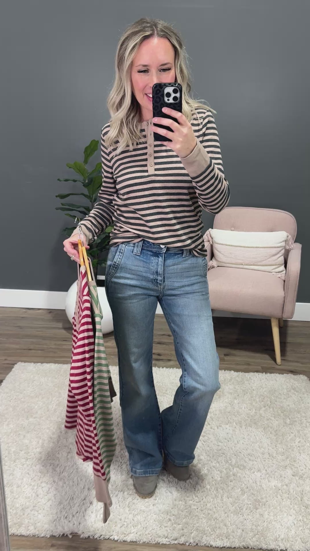 Claudia Striped Henley Top - Sage