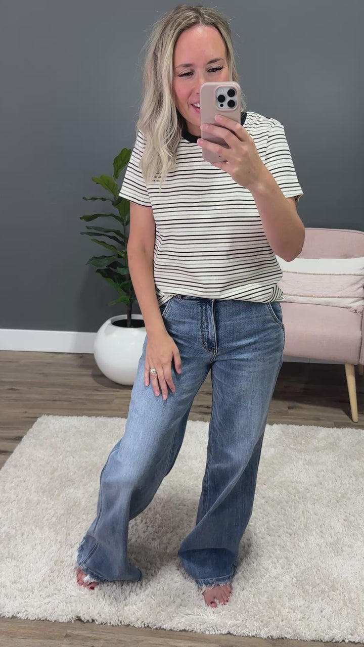 NEW! Adalyn Striped Short Sleeve Top - Black, Gray and Cream Tea N Rose