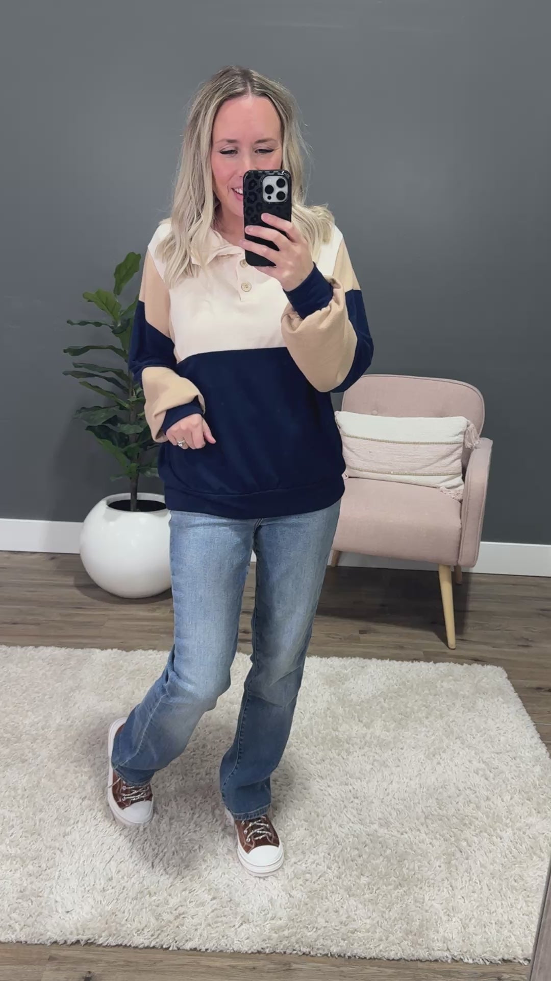 NEW! Izzy Color Block Henley Pullover - Navy, Taupe & Ivory Lovely Melody