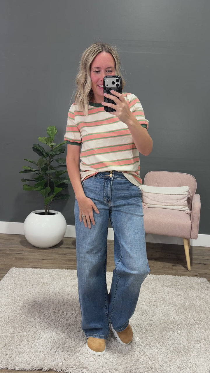NEW! Shauna Contrast Striped Top - Coral & Olive