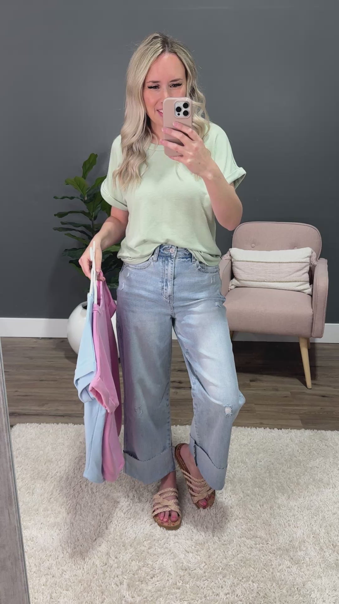 Melissa Roll Sleeve Top - Light Sage Staccato