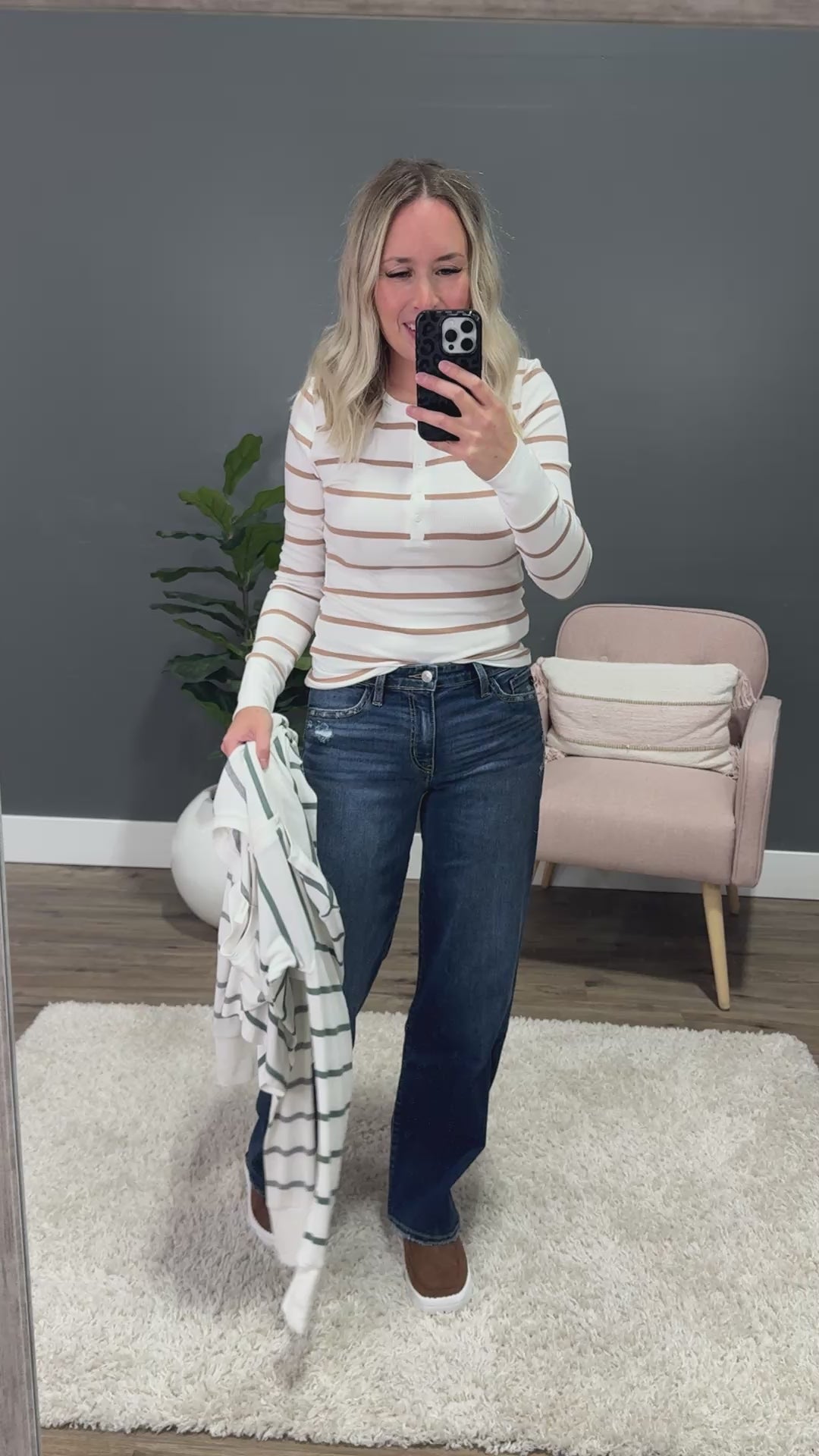 NEW! Everly Ribbed Long Sleeve Striped Henley Top - Caramel Be Cool