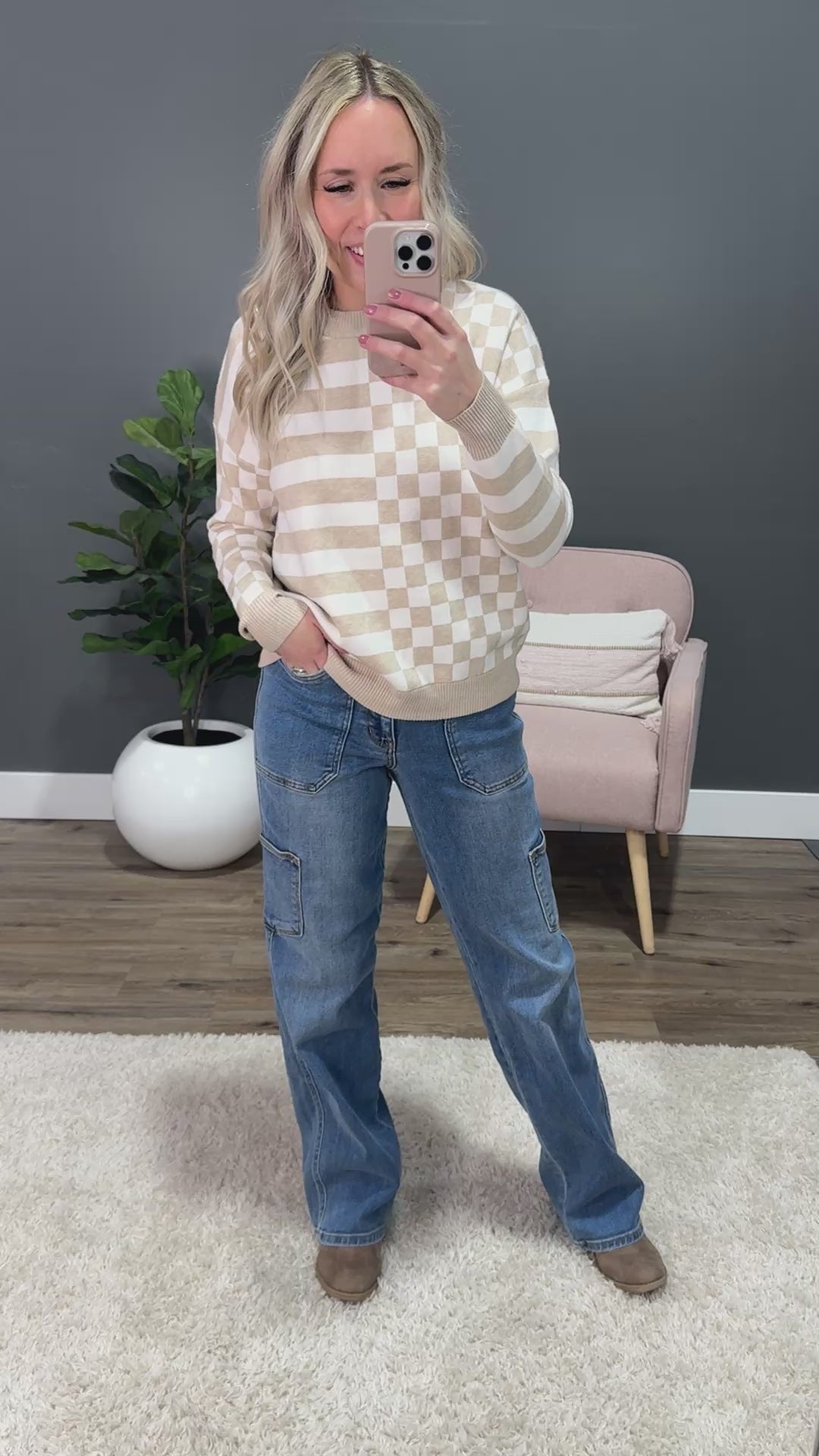 Ashley Checkered and Striped Sweater - Taupe Staccato