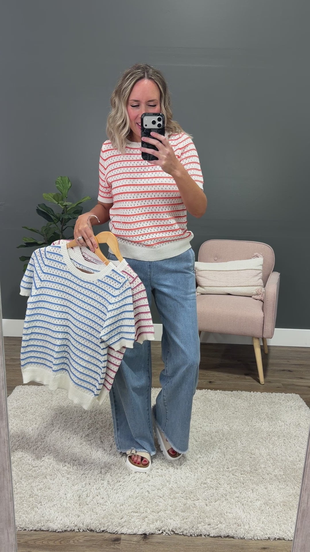 NEW! Kaitlyn Open Knit Striped Sweater Top - Blue Staccato