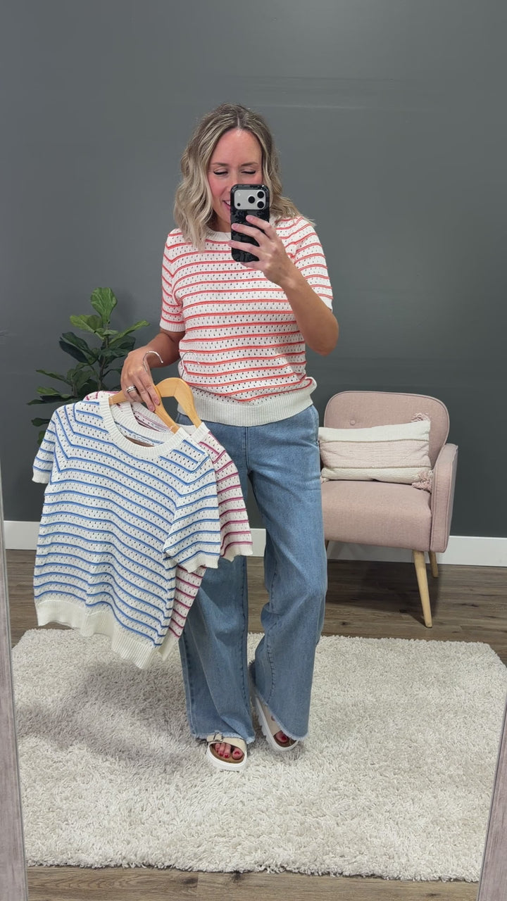 NEW! Kaitlyn Open Knit Striped Sweater Top - Blue Staccato