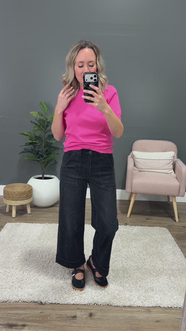 NEW! Vervet Maggie Roll Hem Elastic Waist Wide Leg Jeans - Black