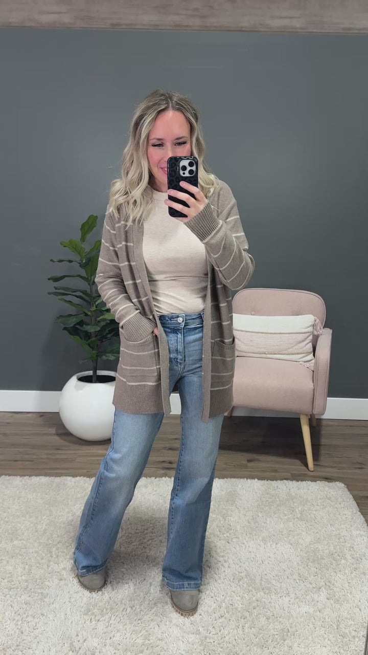Debbie Striped Open Front Cardigan - Mocha