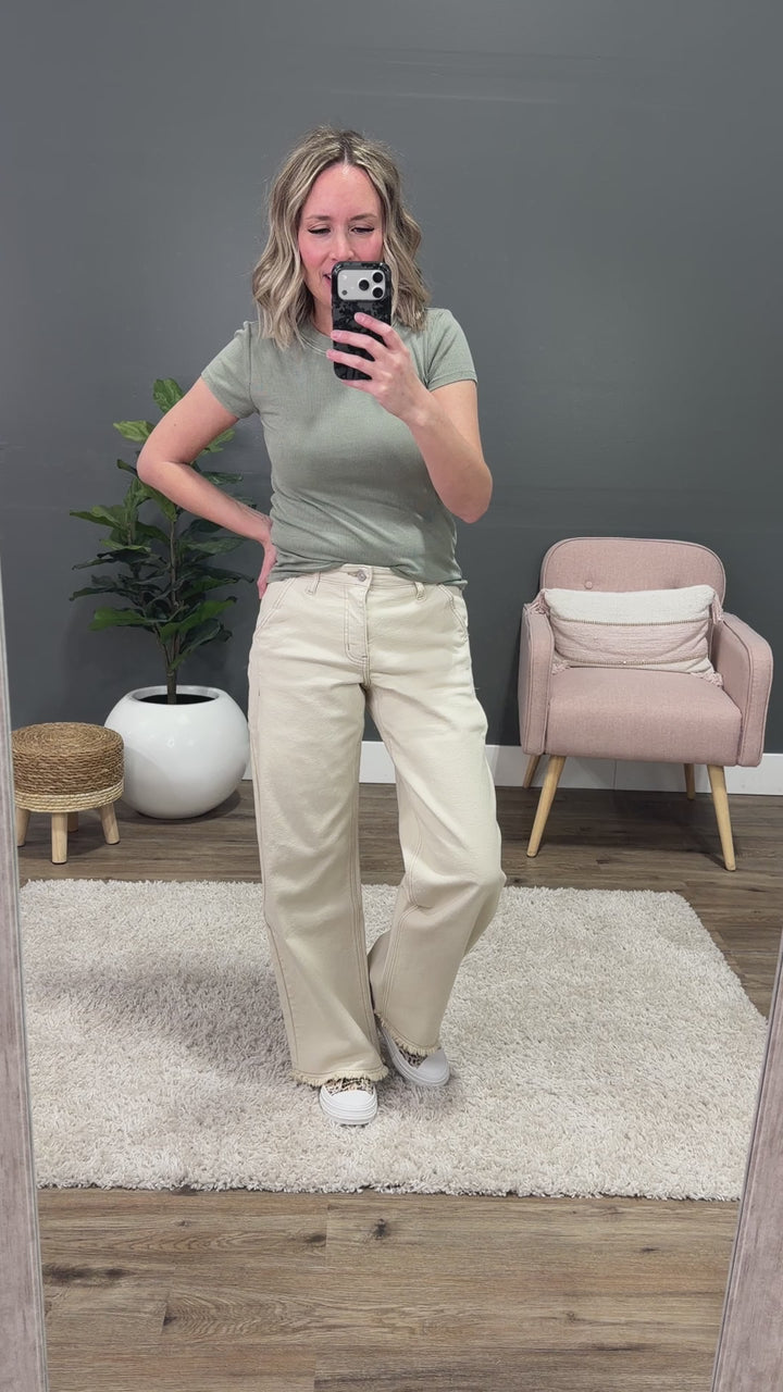 NEW! KanCan Natalie Fray Hem Wide Leg Jeans - Cream KanCan