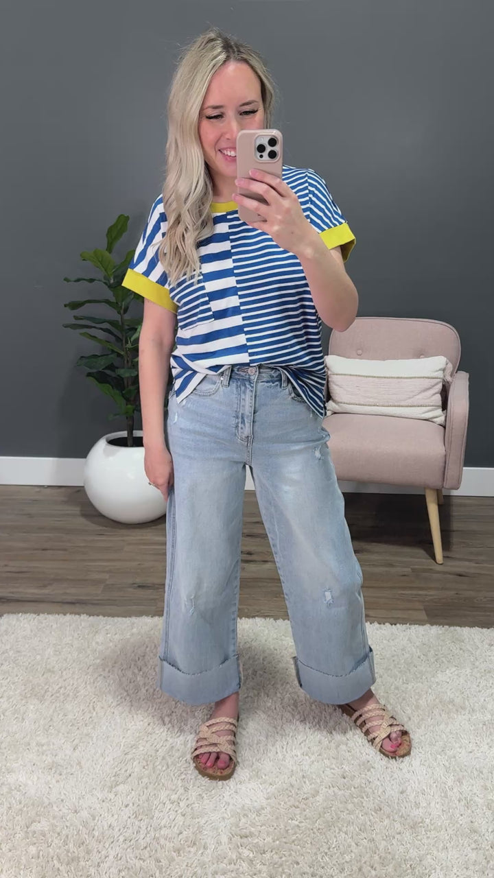 Ellie Contrast Striped Pocket Top - Denim SALE Staccato