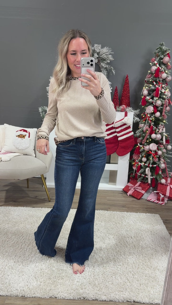 NEW! Bria Ribbed Top with Leopard Details - Taupe Staccato