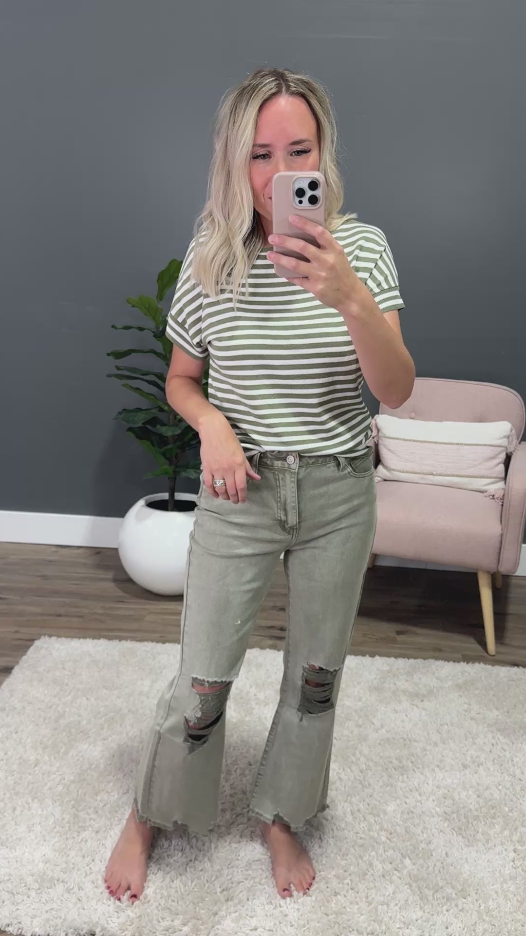 NEW! With You Striped Short Sleeve Sweater - Olive Staccato