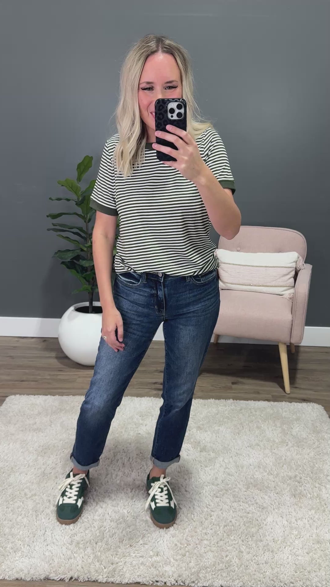 NEW! Meredith Striped Crewneck Top - Olive Staccato