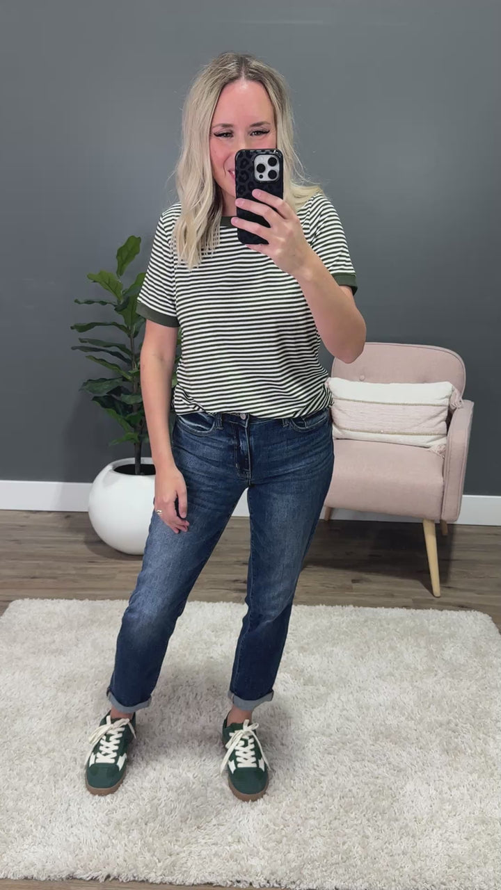 NEW! Meredith Striped Crewneck Top - Olive Staccato