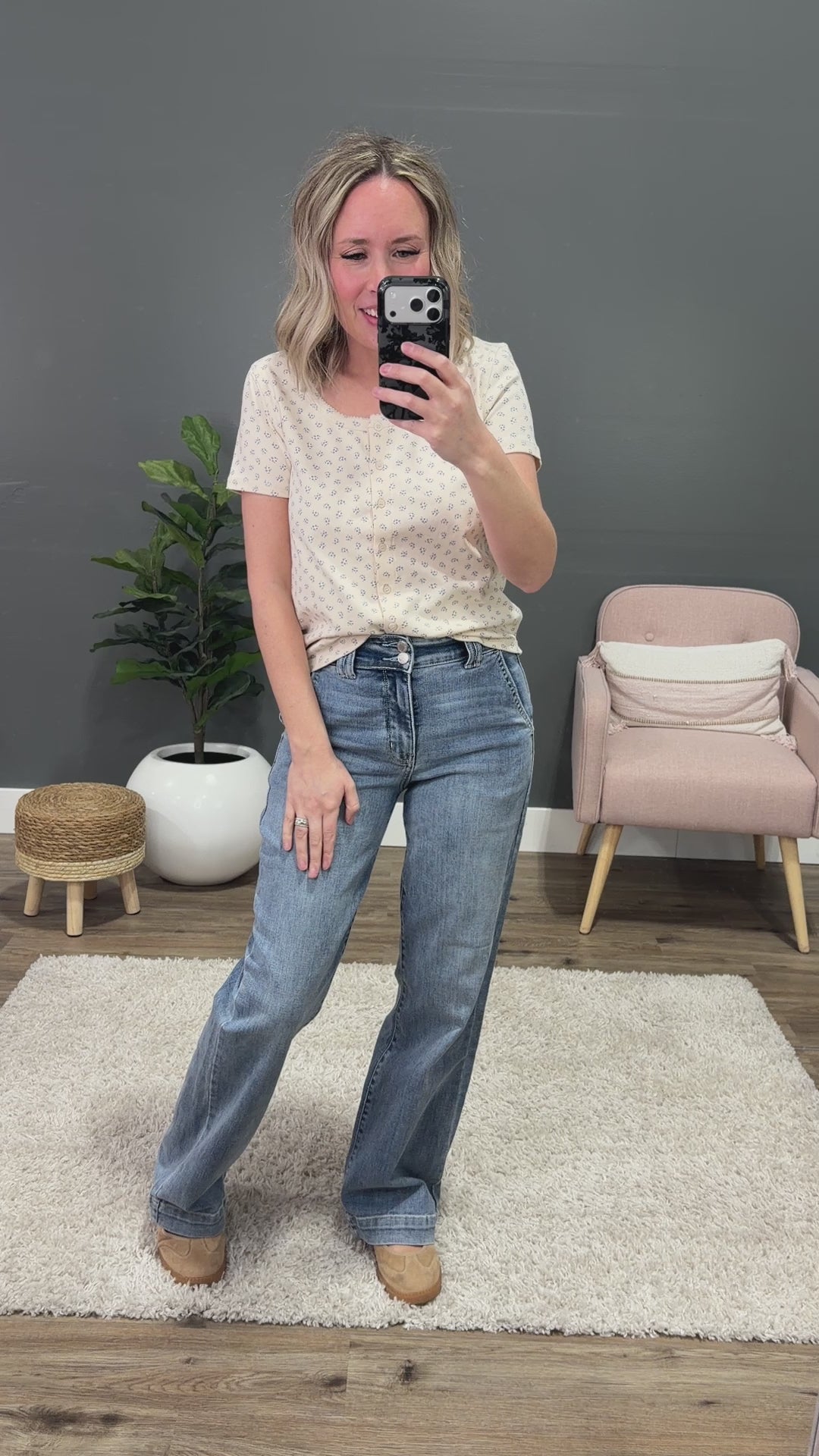 Jas Floral Button Up Knit Top - Cream & Blue Wishlist
