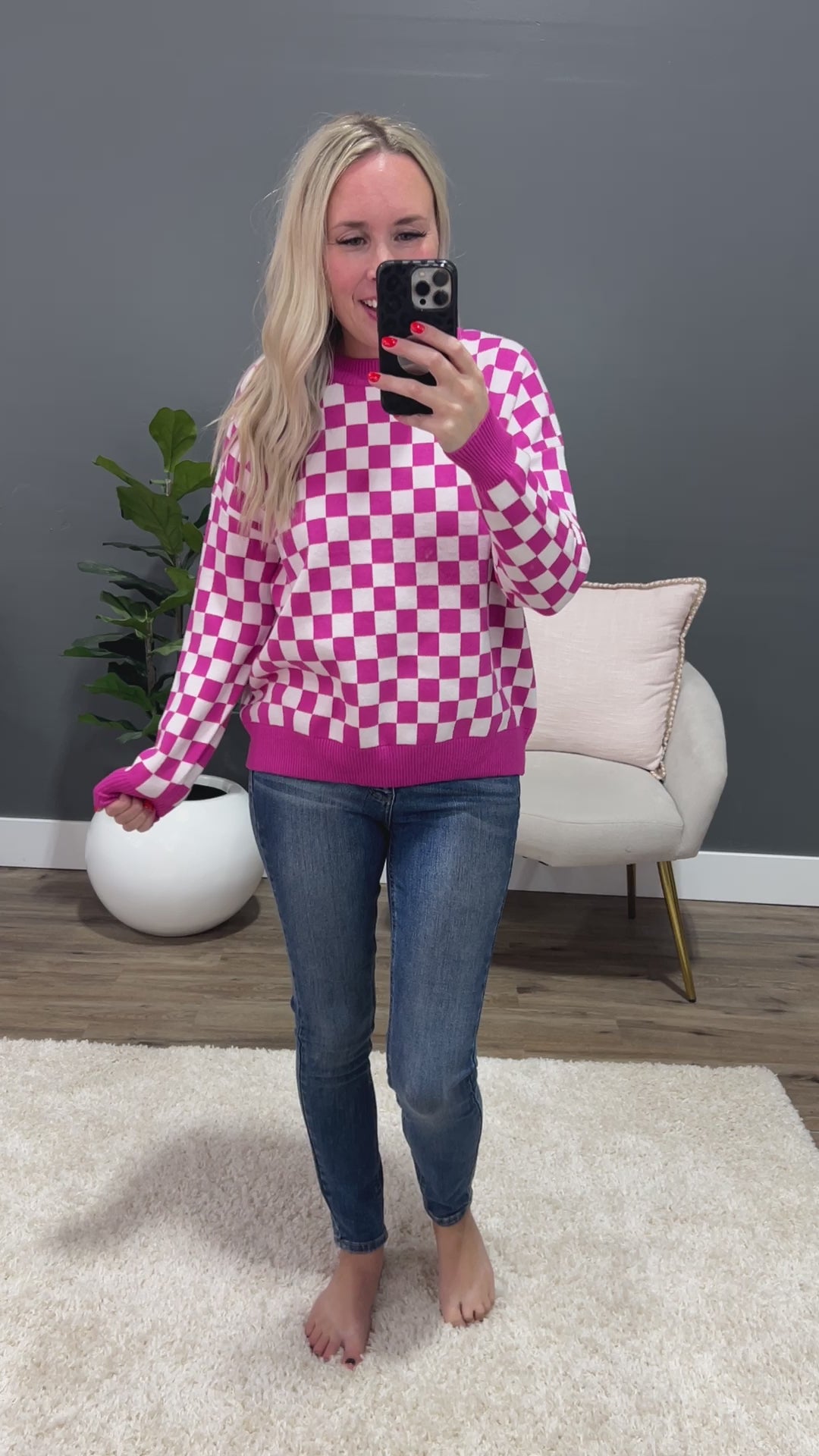 Marie Checkered Sweater - Fuchsia