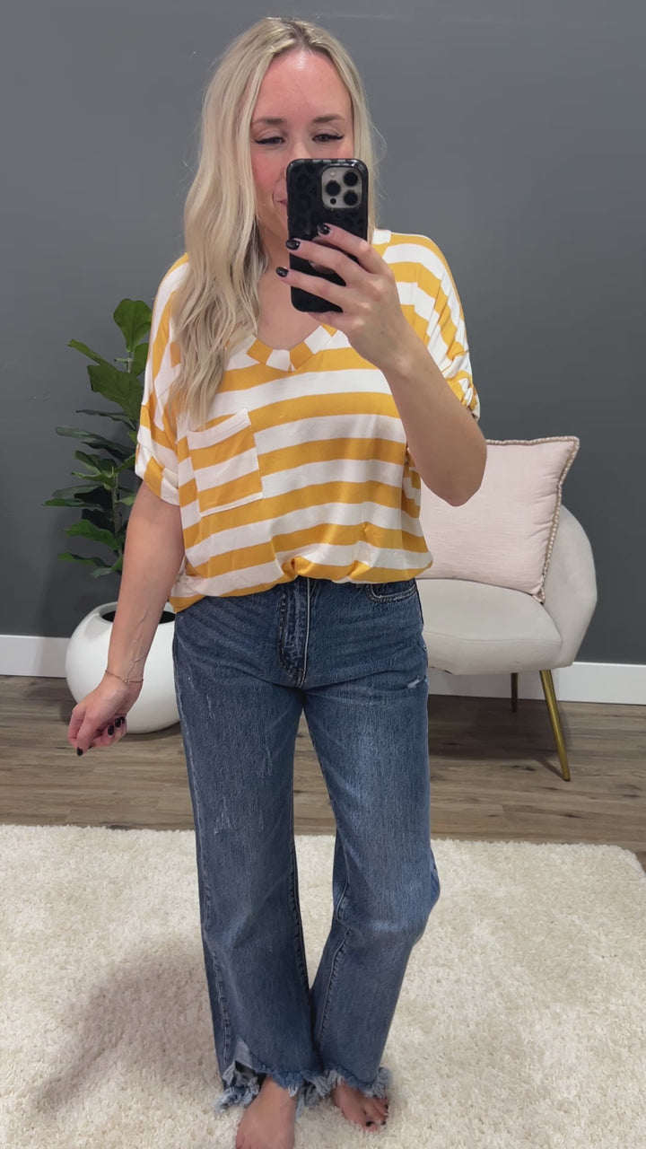 Jenna Stripe Boyfriend V Neck Top - Mustard FINAL SALE Sew In Love