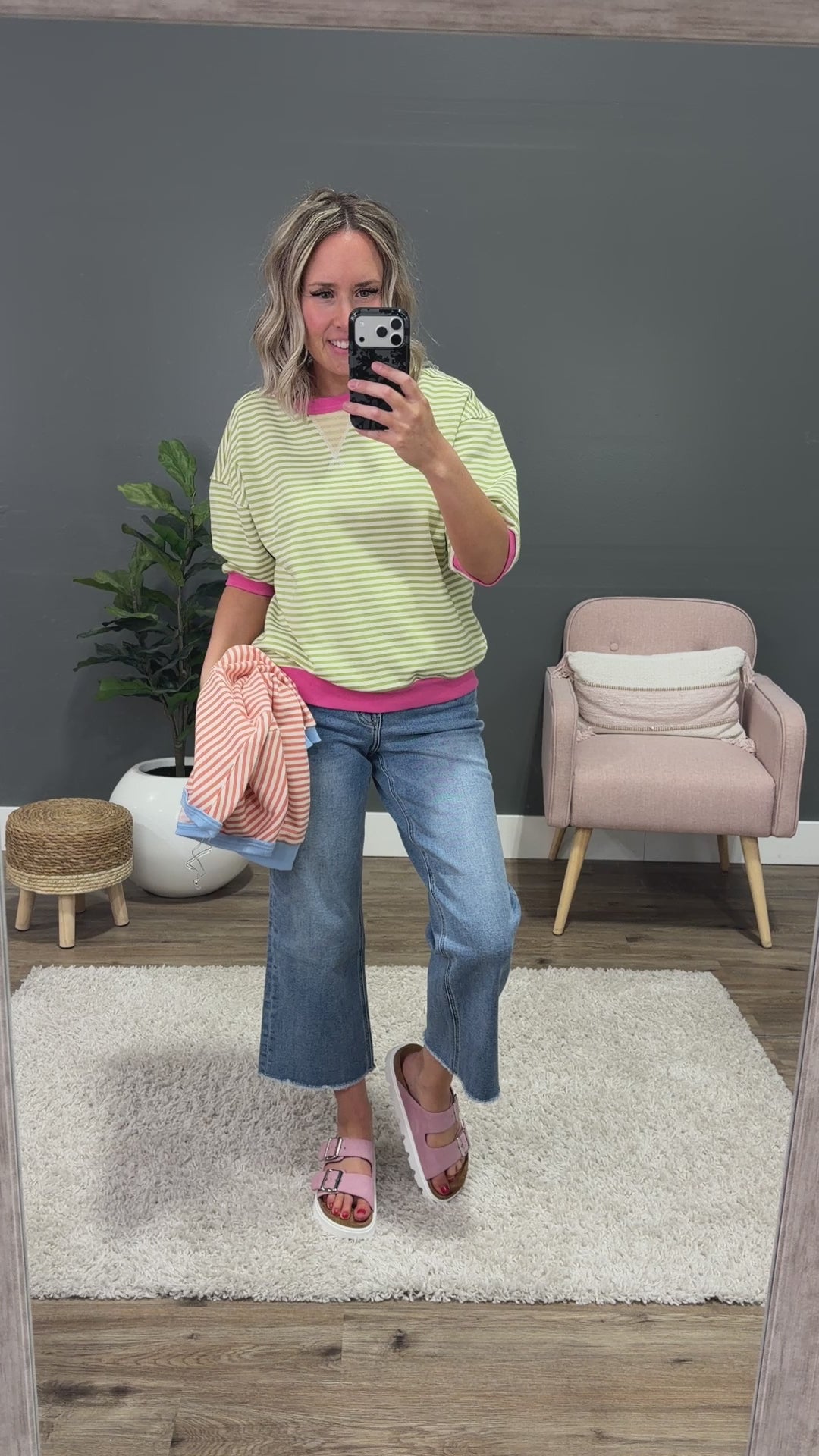 NEW! Jillian Striped Half Sleeve Top - Green & Pink Staccato