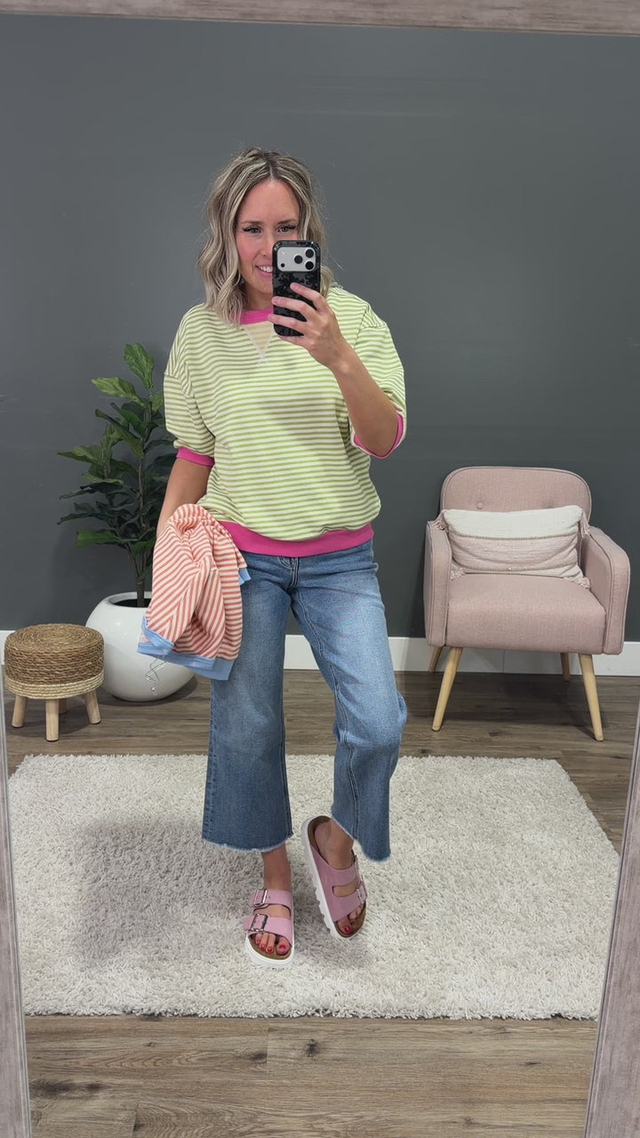NEW! Jillian Striped Half Sleeve Top - Green & Pink Staccato