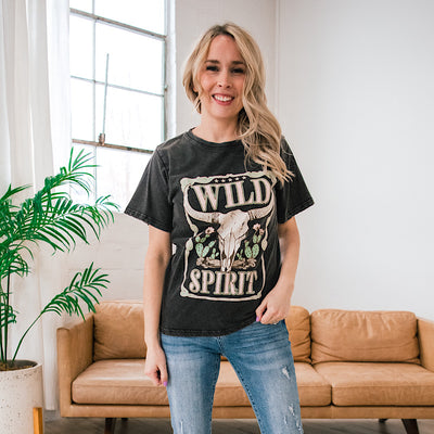 Wild Spirit Bull Skull Faded Black Distressed Tee  Zutter   