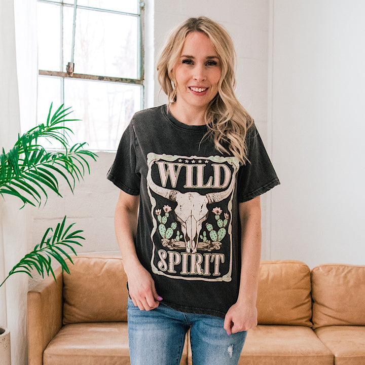 Wild Spirit Bull Skull Faded Black Distressed Tee FINAL SALE  Zutter   