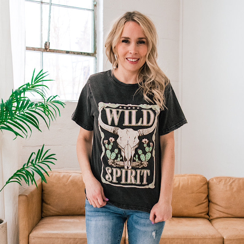 Wild Spirit Bull Skull Faded Black Distressed Tee  Zutter   