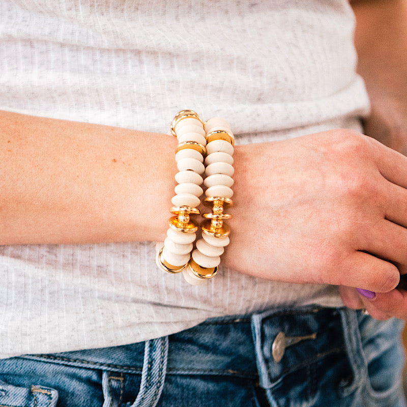 Cream Wooden Bead Bracelet Set FINAL SALE  Trendy Wholesale   